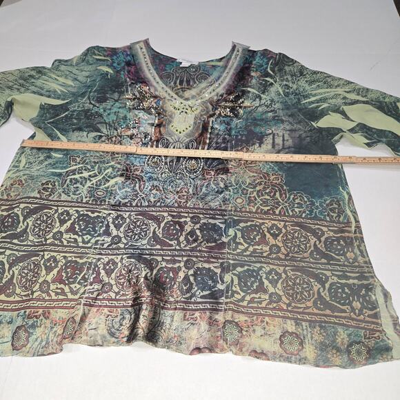 Dressbarn 1X Boho Tunic Top Sheer Embellished Earthy Flowy Blouse Lightweight - Picture 8 of 10
